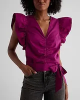 V-Neck Flutter Sleeve Ruched Tie Waist Top Pink Women's XS