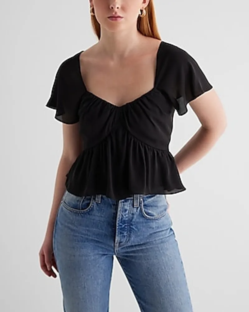 Sweetheart Neckline Peplum Flutter Sleeve Crop Top Black Women's XS