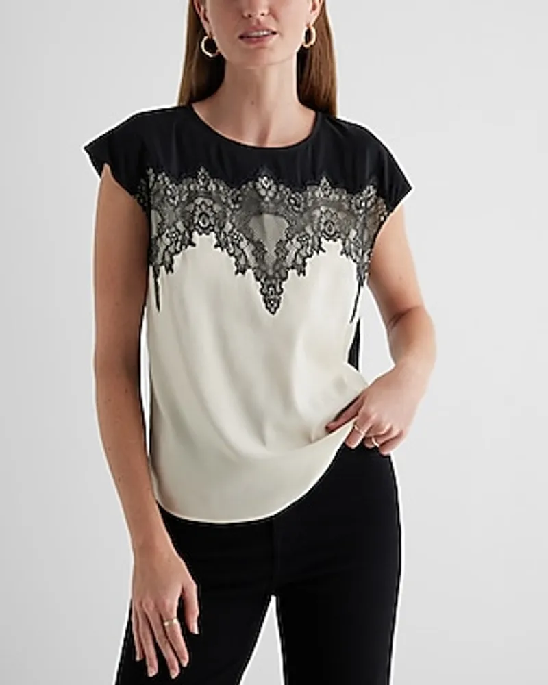 Satin Crew Neck Lace Front Gramercy Tee Neutral Women's M