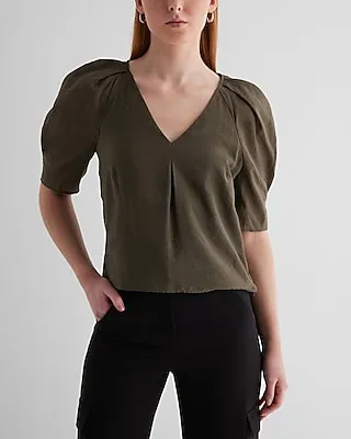 V-Neck Short Puff Sleeve Top Green Women's XS