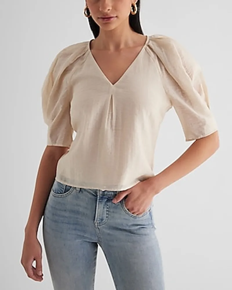 V-Neck Short Puff Sleeve Top Neutral Women's XS