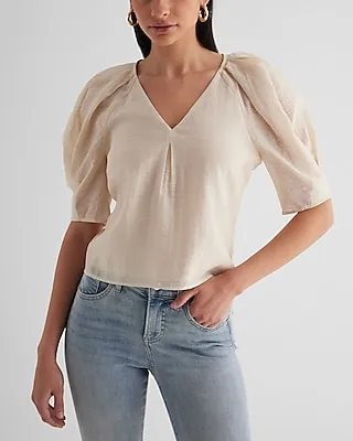 V-Neck Short Puff Sleeve Top Neutral Women's S