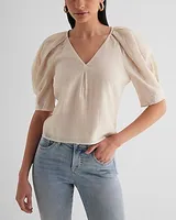 V-Neck Short Puff Sleeve Top Neutral Women's L