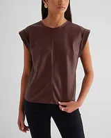 Faux Leather Rolled Sleeve Gramercy Tee Brown Women's XS