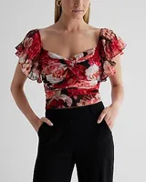 Floral Sweetheart Neckline Flutter Sleeve Top