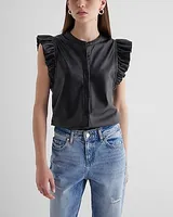 Faux Leather Flutter Sleeve Button Up Gramercy Shirt Black Women's M