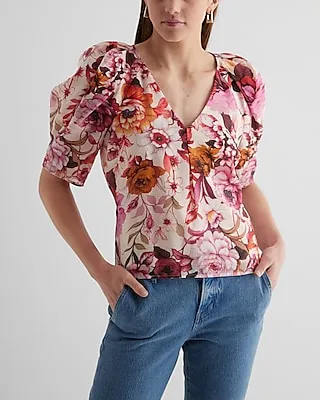 Floral V-Neck Short Puff Sleeve Top Multi-Color Women's XL