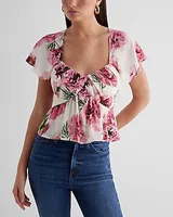 Floral Sweetheart Neckline Peplum Flutter Sleeve Top