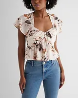 Floral Sweetheart Neckline Peplum Flutter Sleeve Top