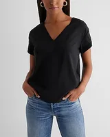 Satin V-Neck Short Cuff Sleeve Gramercy Tee Black Women's M