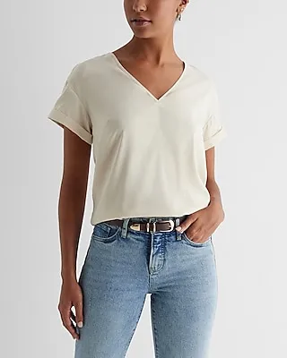 Satin V-Neck Short Cuff Sleeve Gramercy Tee Neutral Women's