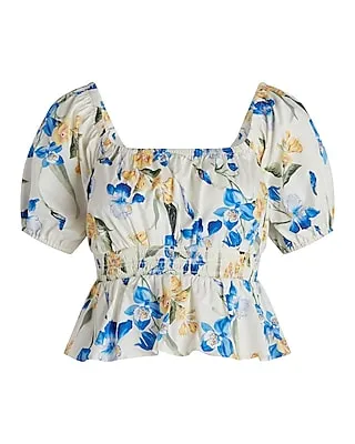 Floral Square Neck Puff Sleeve Peplum Top Multi-Color Women's XS