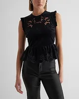 Velvet Crew Neck Lace Embroidered Peplum Top Black Women's L