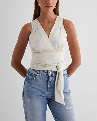 V-Neck Pleated Tie Waist Tank