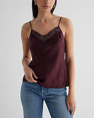 Satin Beaded Lace Trim V-Neck Downtown Cami Red Women's L