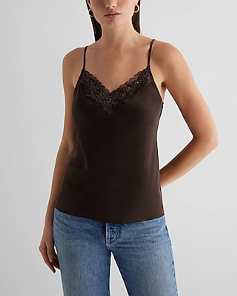 Satin Beaded Lace Trim V-Neck Downtown Cami Brown Women's XS