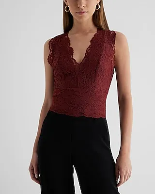 Lace V-Neck Smocked Back Tank Brown Women's S