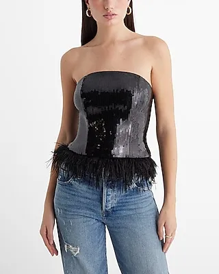 Sequin Strapless Feather Hem Tube Top Black Women's L