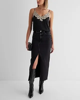 Satin V-Neck Lace Trim Downtown Cami Black Women's