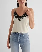 Satin V-Neck Lace Trim Downtown Cami Neutral Women's M