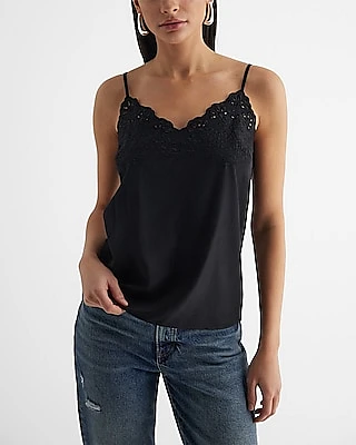 V-Neck Embroidered Trim Downtown Cami Black Women's S