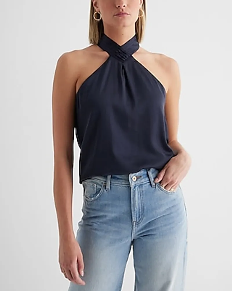 Gathered Waist Satin Top Blue