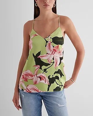 Satin Floral V-Neck Cross-Back Downtown Cami Green Women's XS