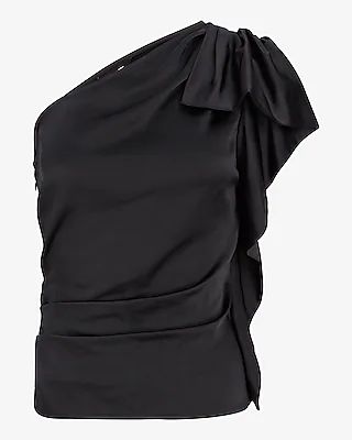 Satin Ruffle One Shoulder Top Black Women's XS