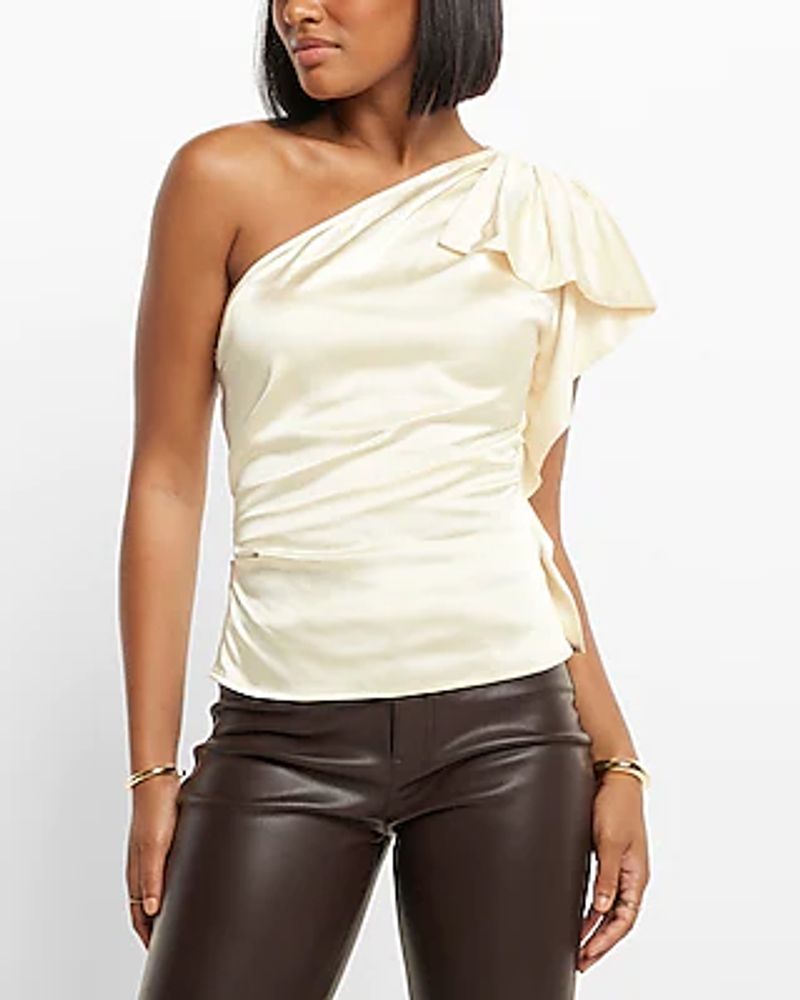 Satin Ruffle One Shoulder Top White Women's L