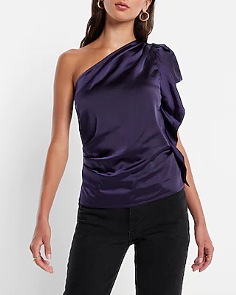 Satin Ruffle One Shoulder Top Purple Women's XS