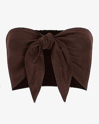 Linen-Blend Tie Front Bandeau Top Brown Women's S