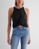 Linen-Blend Crew Neck Twist Front Tank Black Women's