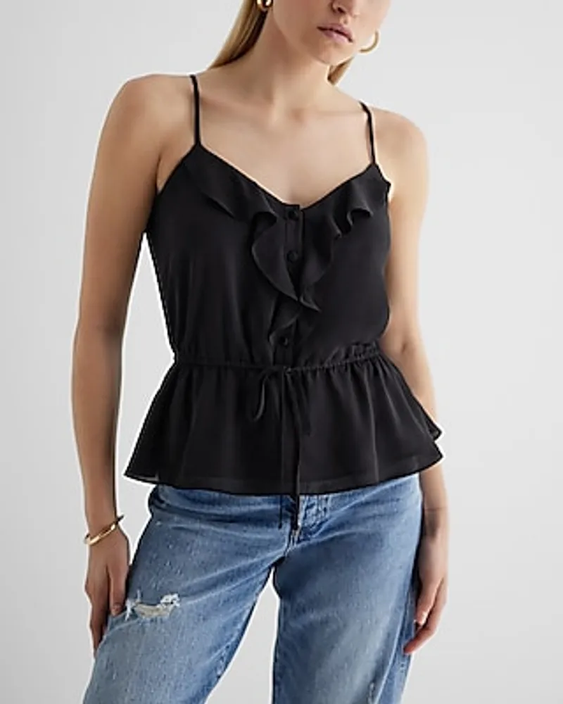 Ruffle Button Up Peplum Cami Black Women's XS