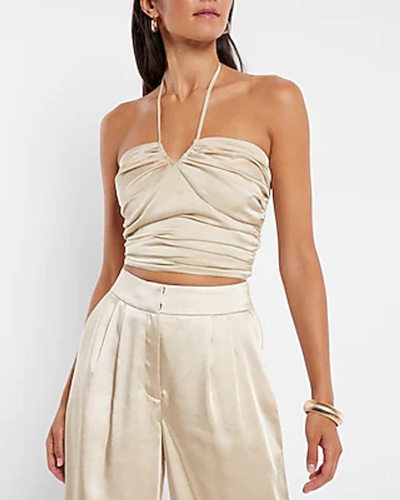 Satin Ruched Halter Neck Crop Top