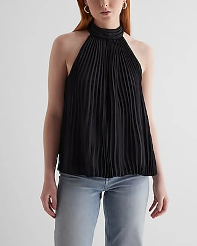 Tie Halter Neck Pleated Top Black Women's XS