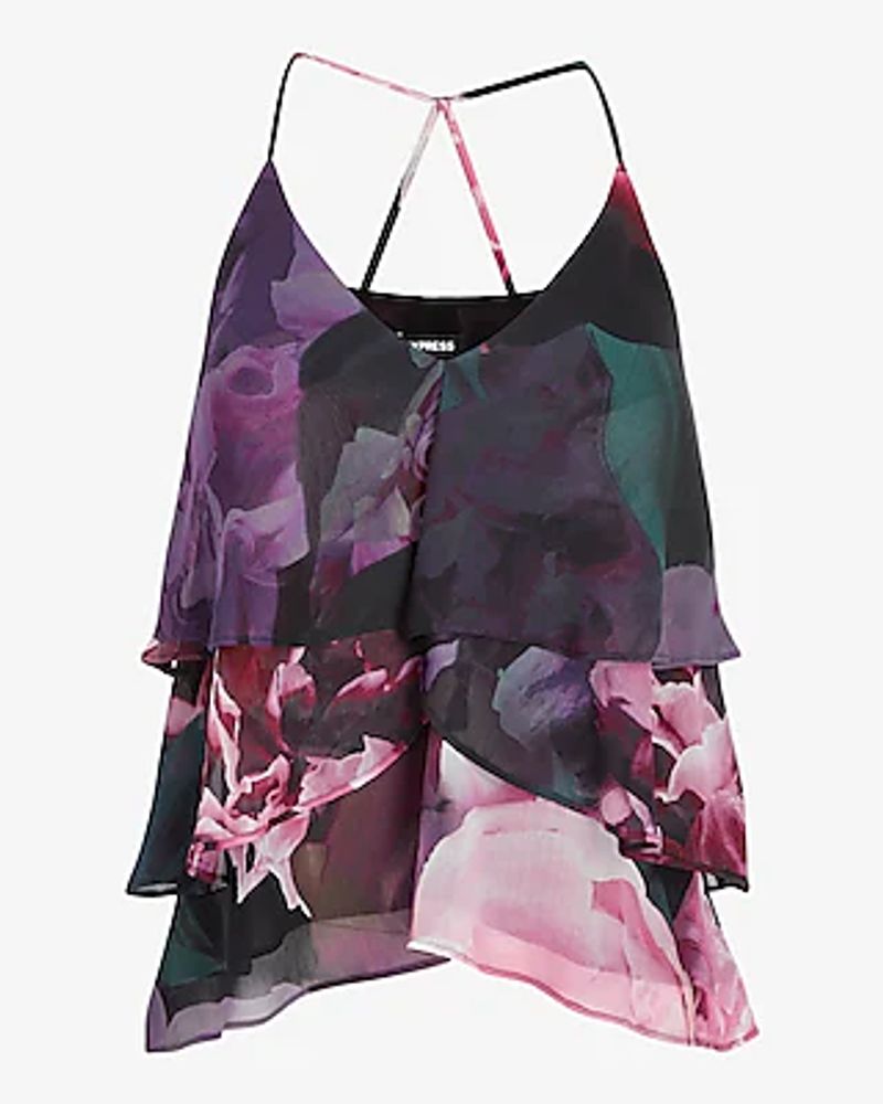 Floral Ruffled V-Neck Racerback Cami Purple Women's XS