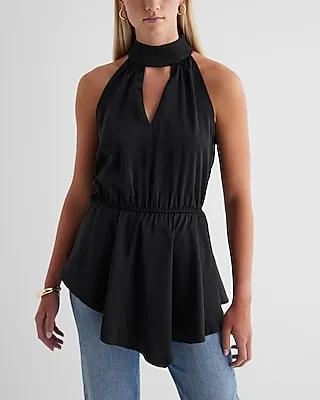 Halter Neck Cutout Asymmetrical Hem Tank Black Women's XS