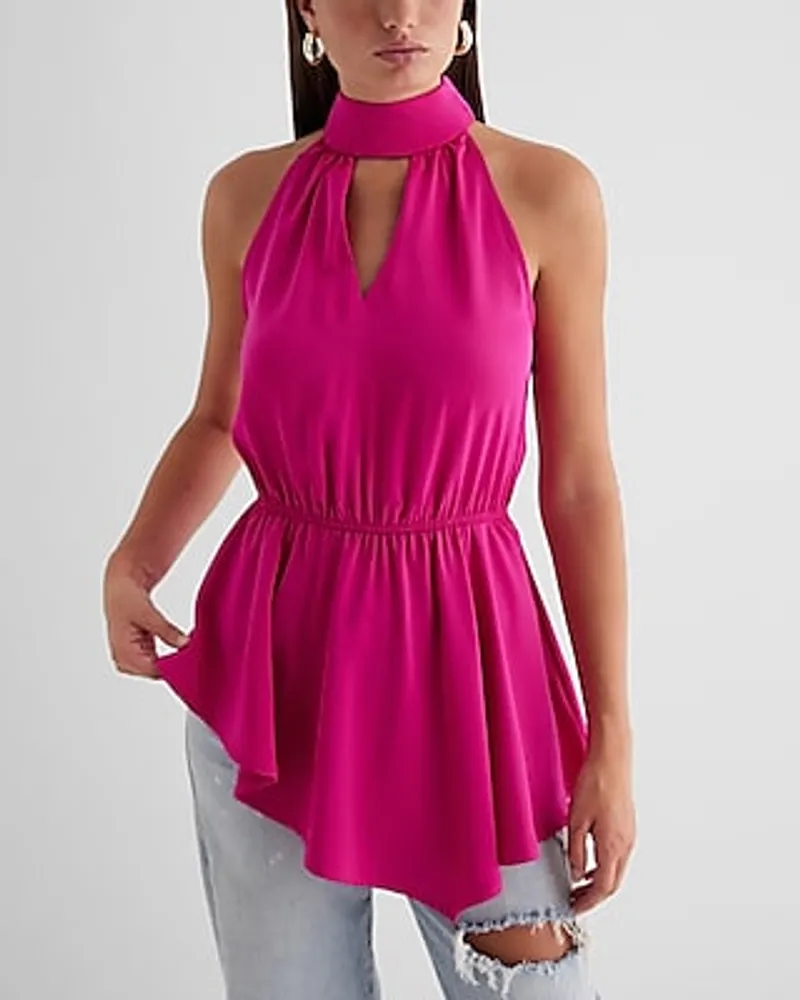 Halter Neck Cutout Asymmetrical Hem Tank Pink Women's S