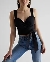 Sweetheart Neckline Tie Waist Crop Top Black Women's XS