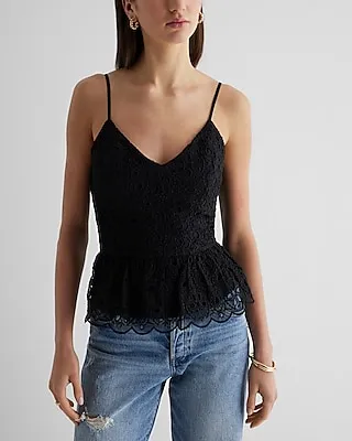 Eyelet Lace V-Neck Peplum Cami Black Women's XS