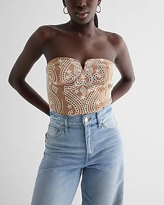 Embroidered Eyelet V-Wire Tube Top Brown Women's XS