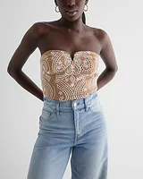 Embroidered Eyelet V-Wire Tube Top Brown Women's S