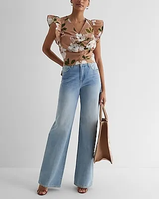 Floral V-Neck Flutter Sleeve Ruched Top