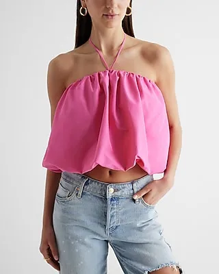 Halter Neck Bubble Crop Top Pink Women's XS