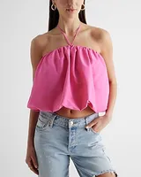 Halter Neck Bubble Crop Top Pink Women's XL