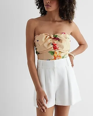 Floral Strapless Ruched Bow Corset Tube Top Yellow Women's S