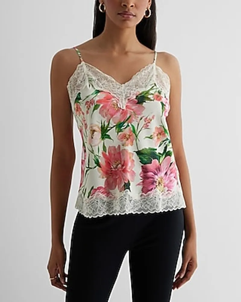 Satin Floral Lace Trim V-Neck Downtown Cami