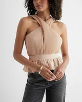 Twist Halter Neck Pleated Peplum Tank Neutral Women's M