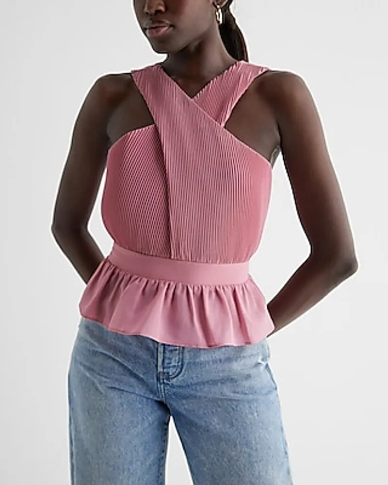 Twist Halter Neck Pleated Peplum Tank Pink Women's XS