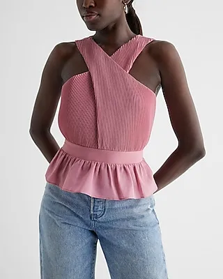 Twist Halter Neck Pleated Peplum Tank Pink Women's L